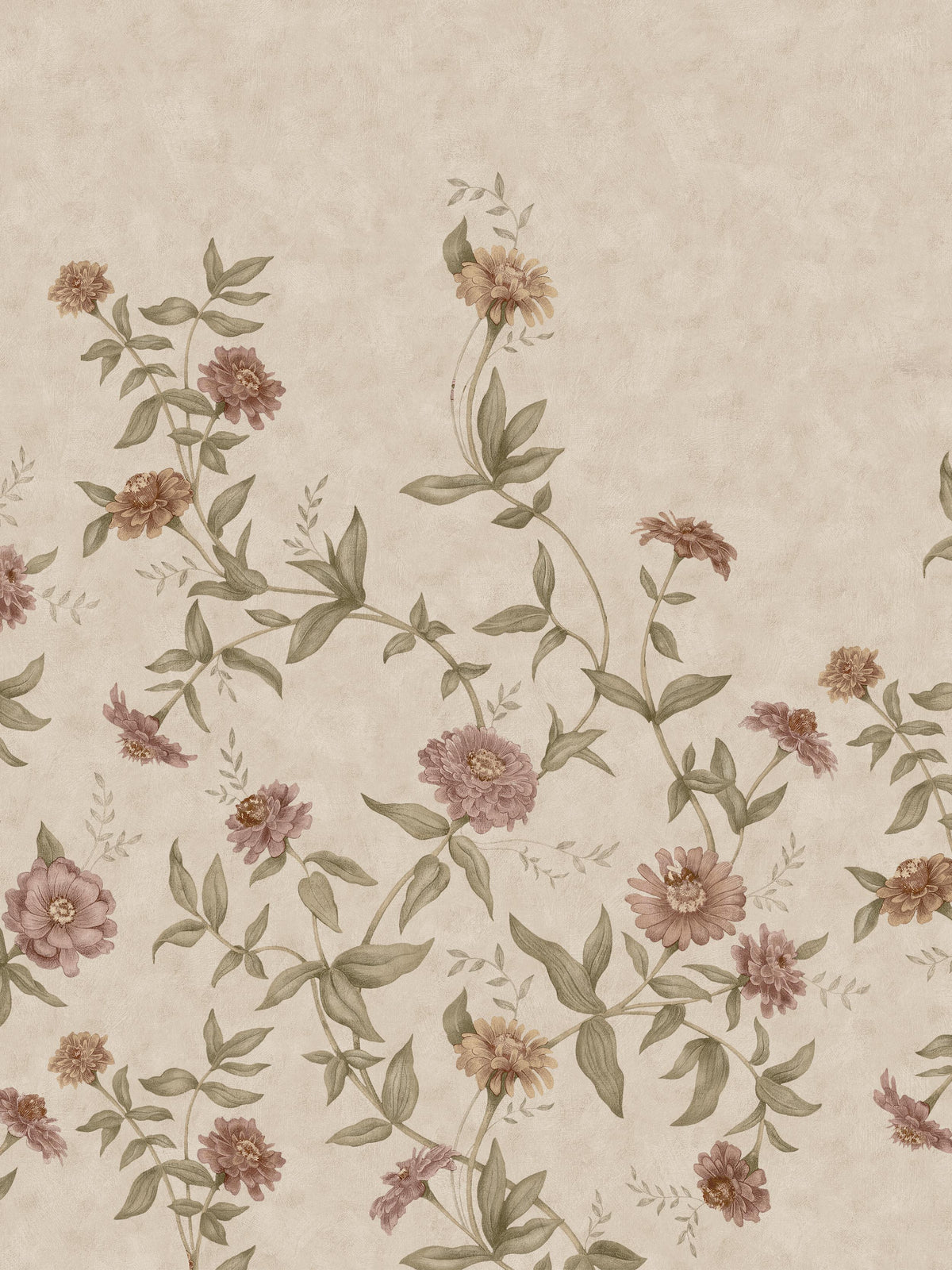 Zinnia Grand Climbing is a Romantic floral wallpaper where different varieties of zinnias softly climb up the wall.