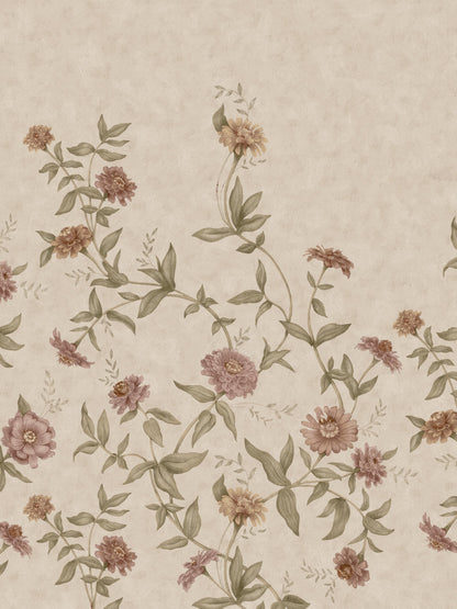 Zinnia Grand Climbing is a Romantic floral wallpaper where different varieties of zinnias softly climb up the wall.