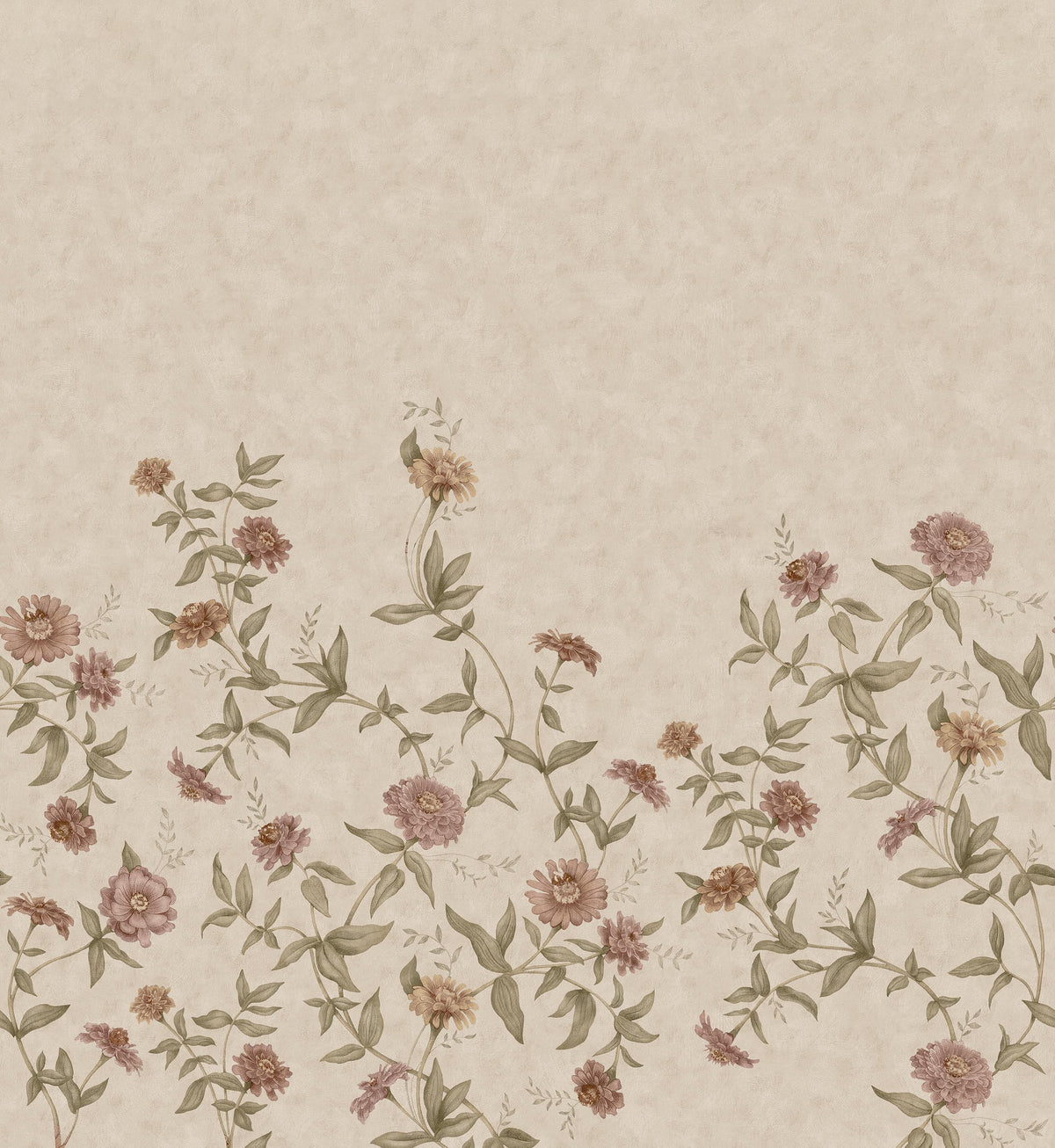 Zinnia Grand Climbing is a Romantic floral wallpaper where different varieties of zinnias softly climb up the wall.