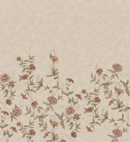 Zinnia Grand Climbing is a Romantic floral wallpaper where different varieties of zinnias softly climb up the wall.