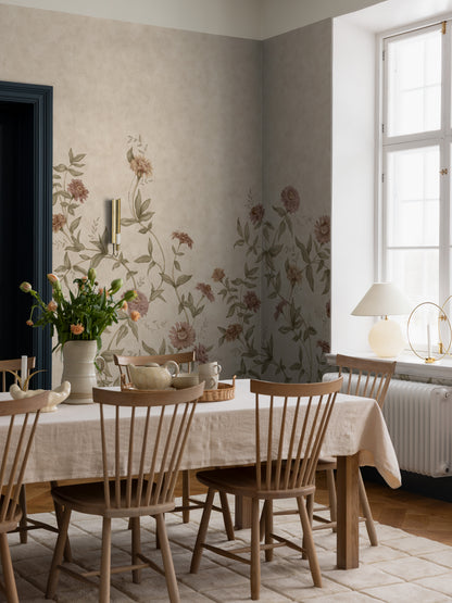 Zinnia Grand Climbing is a Romantic floral wallpaper where different varieties of zinnias softly climb up the wall.