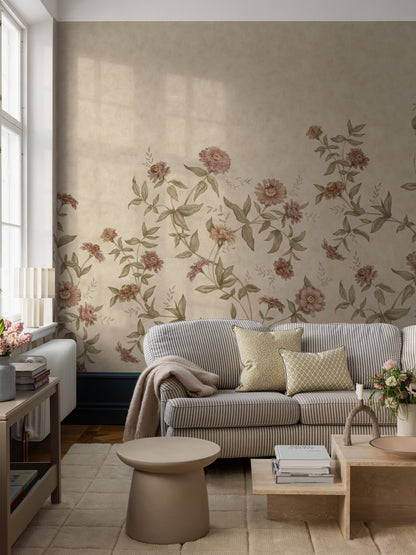 Zinnia Grand Climbing is a Romantic floral wallpaper where different varieties of zinnias softly climb up the wall.