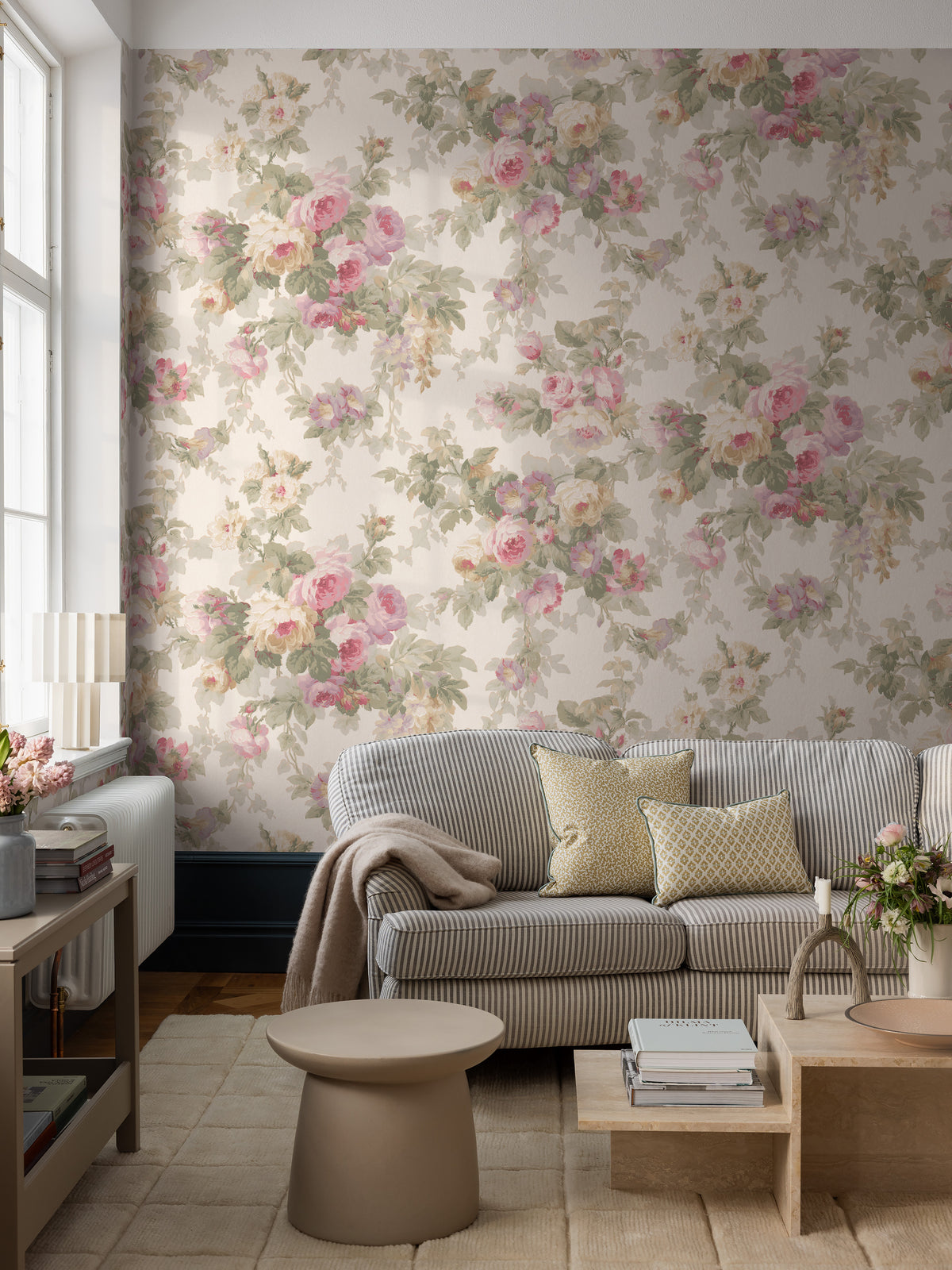 Sweet Dream Rose Grand is a Romantic vintage wallpaper with large, trailing bouquets of roses and winding bindweed.
