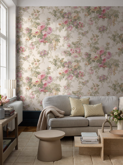 Sweet Dream Rose Grand is a Romantic vintage wallpaper with large, trailing bouquets of roses and winding bindweed.