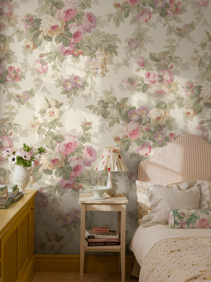 Sweet Dream Rose Grand is a Romantic vintage wallpaper with large, trailing bouquets of roses and winding bindweed.