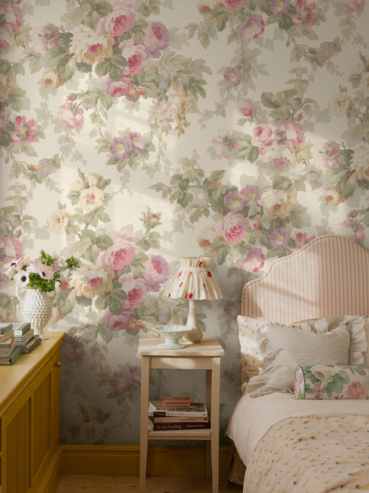 Sweet Dream Rose Grand is a Romantic vintage wallpaper with large, trailing bouquets of roses and winding bindweed.
