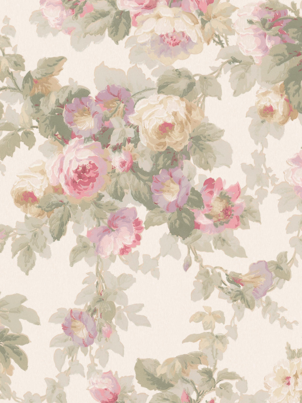 Sweet Dream Rose Grand is a Romantic vintage wallpaper with large, trailing bouquets of roses and winding bindweed.