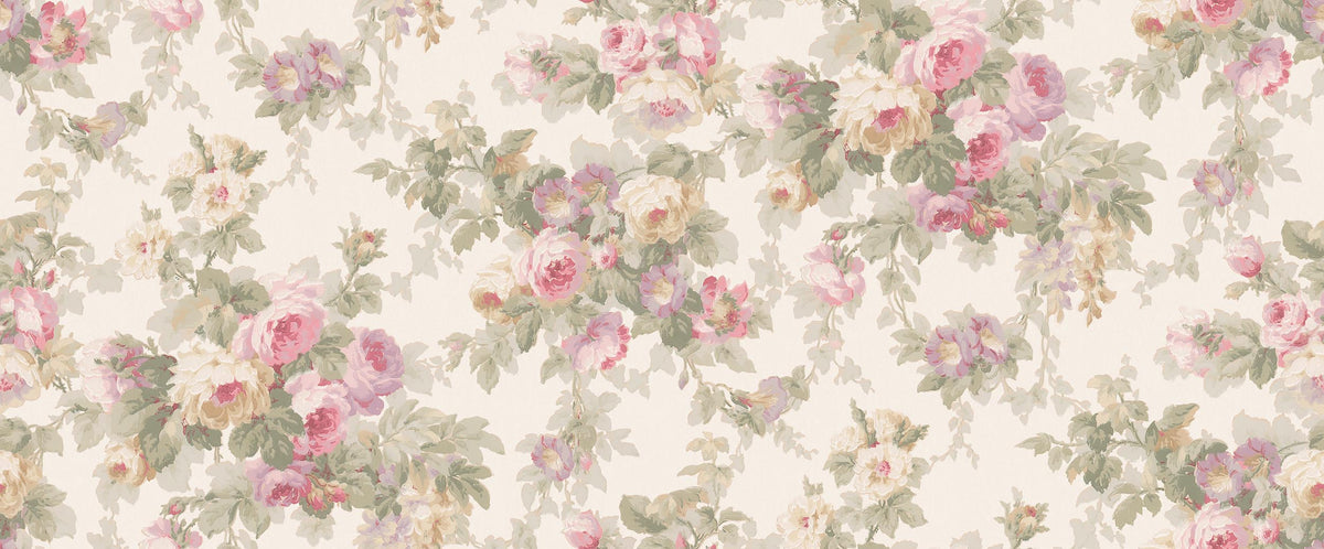 Sweet Dream Rose Grand is a Romantic vintage wallpaper with large, trailing bouquets of roses and winding bindweed.