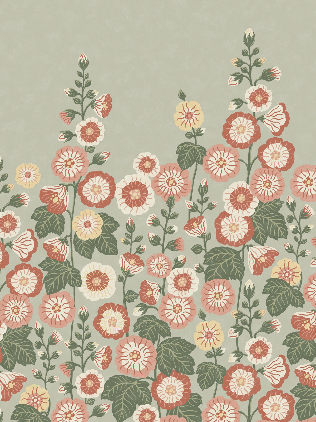 Happy Hollyhocks Grand is a vibrant floral wallpaper where lush hollyhocks grow all the way up to the ceiling.