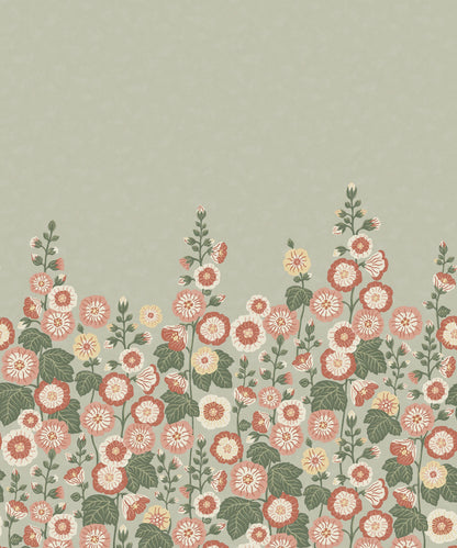Happy Hollyhocks Grand is a vibrant floral wallpaper where lush hollyhocks grow all the way up to the ceiling.