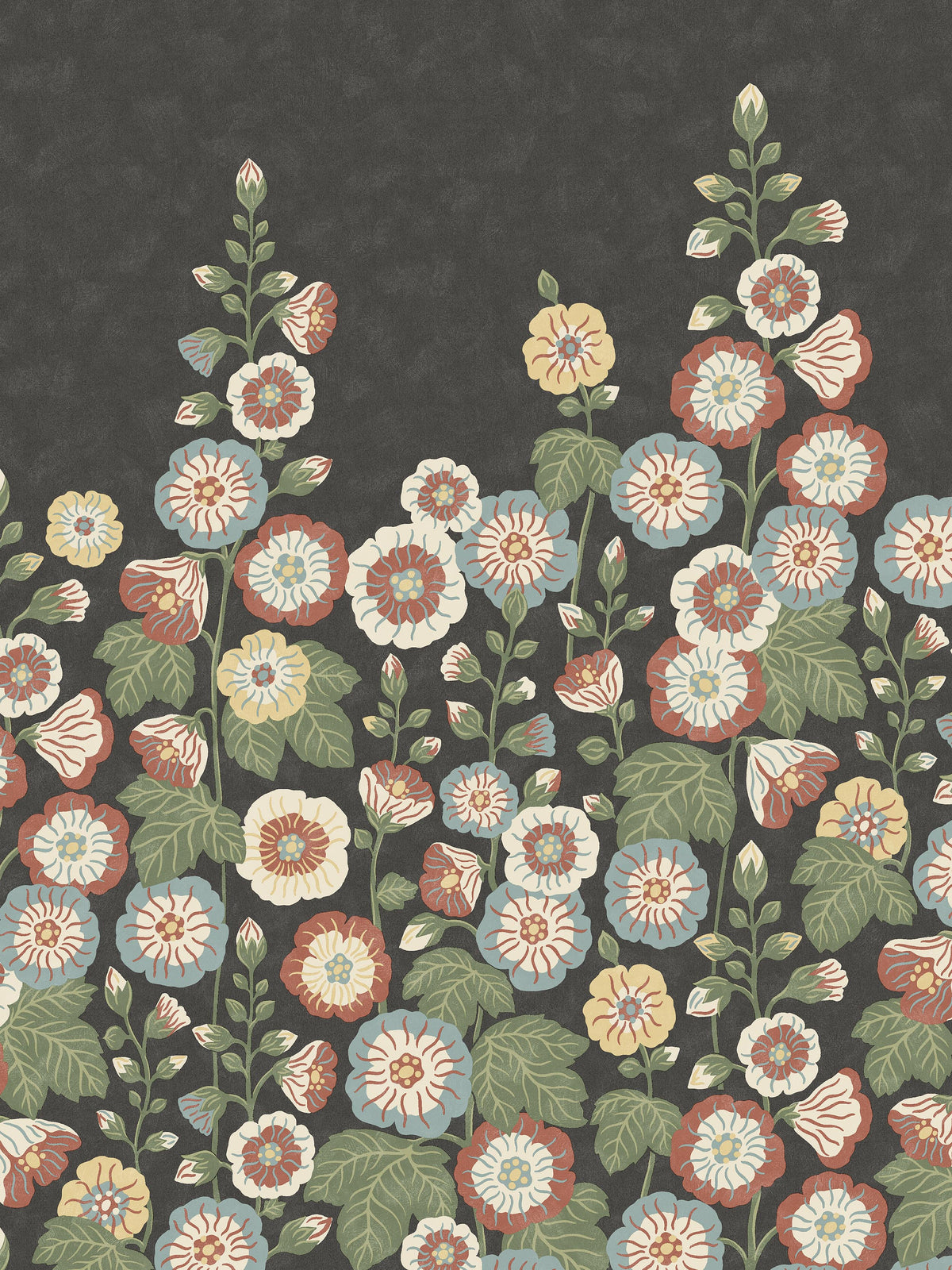 Happy Hollyhocks Grand is a magnificent floral wallpaper where lush hollyhocks climb across the wall. 
