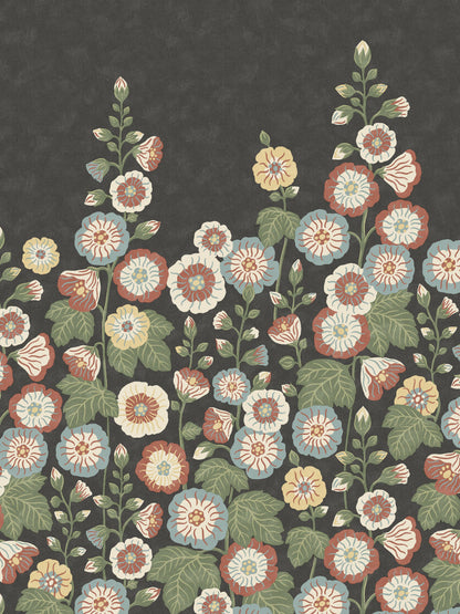 Happy Hollyhocks Grand is a magnificent floral wallpaper where lush hollyhocks climb across the wall. 