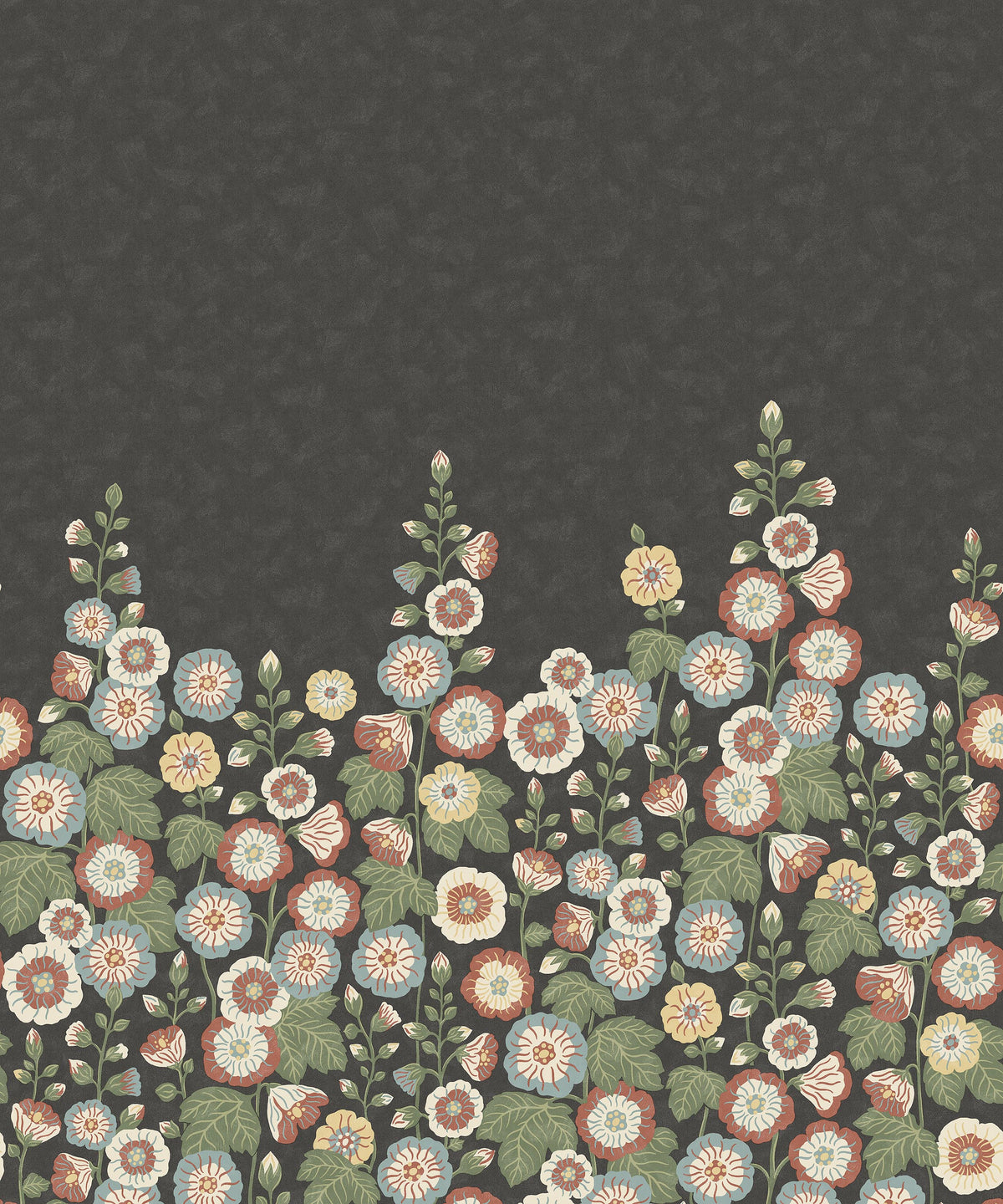 Happy Hollyhocks Grand is a magnificent floral wallpaper where lush hollyhocks climb across the wall. 