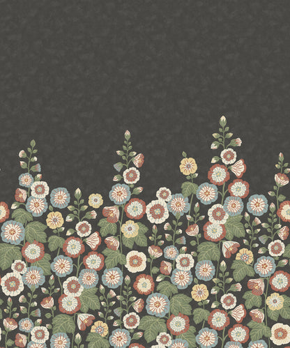 Happy Hollyhocks Grand is a magnificent floral wallpaper where lush hollyhocks climb across the wall. 