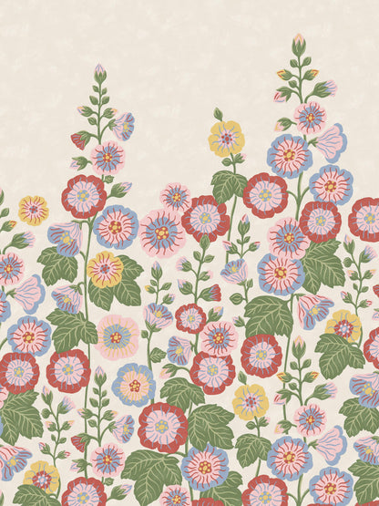 Happy Hollyhocks Grand is a vibrant floral wallpaper where stately hollyhocks adorn the wall with color, joy and character. 