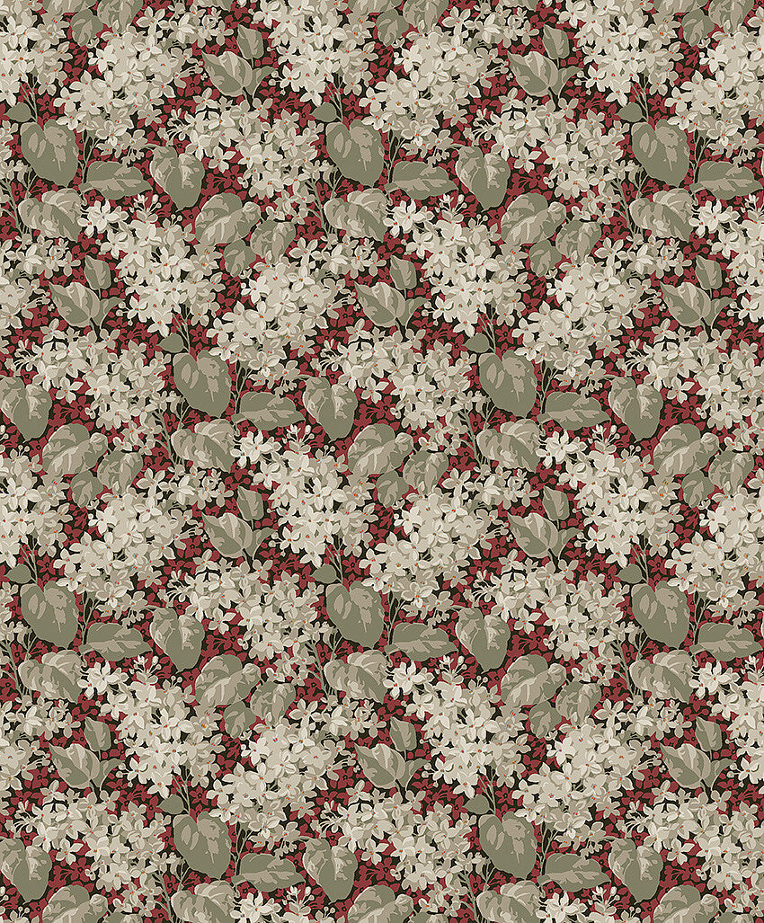  Colored in a bold and dramatic palette of red, white and grey, our Aratorp wallpaper is the epitome of early 20th century pattern style. 
