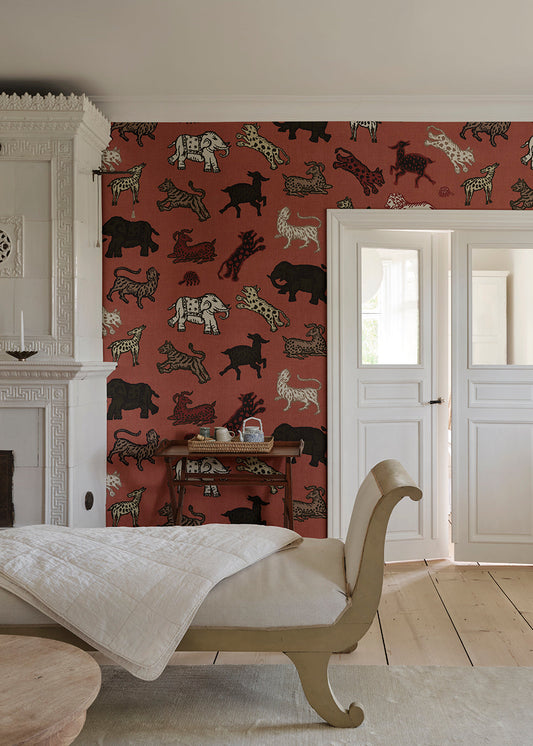 A true Sandberg classic. Inspired by Indian tapestries, these imaginative animals on a rich red background lend an international feel with a tone that is both playful and becoming.