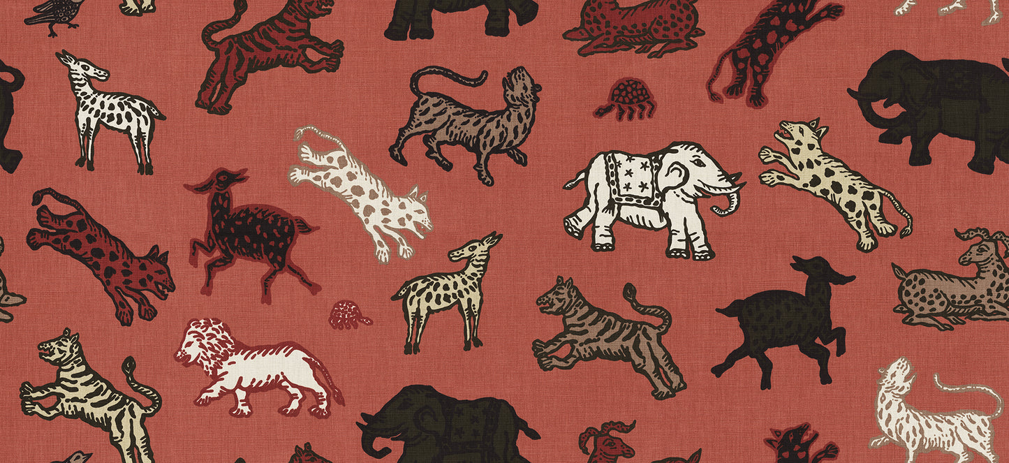 A true Sandberg classic. Inspired by Indian tapestries, these imaginative animals on a rich red background lend an international feel with a tone that is both playful and becoming.