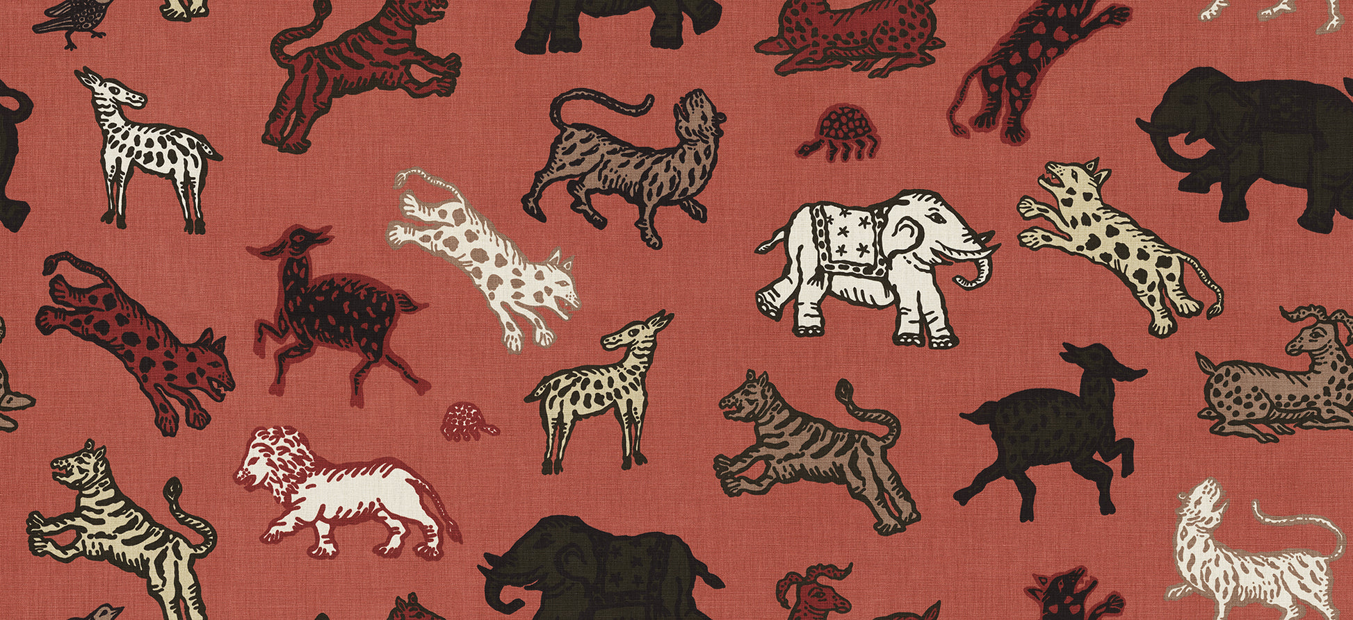 A true Sandberg classic. Inspired by Indian tapestries, these imaginative animals on a rich red background lend an international feel with a tone that is both playful and becoming.