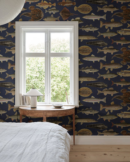 The illustrations for this fish wallpaper mural come from the work “Skandinaviska fiskar” (Scandinavian Fish) by Wilhelm von Wright, a Finnish illustrator active in the mid-19th century