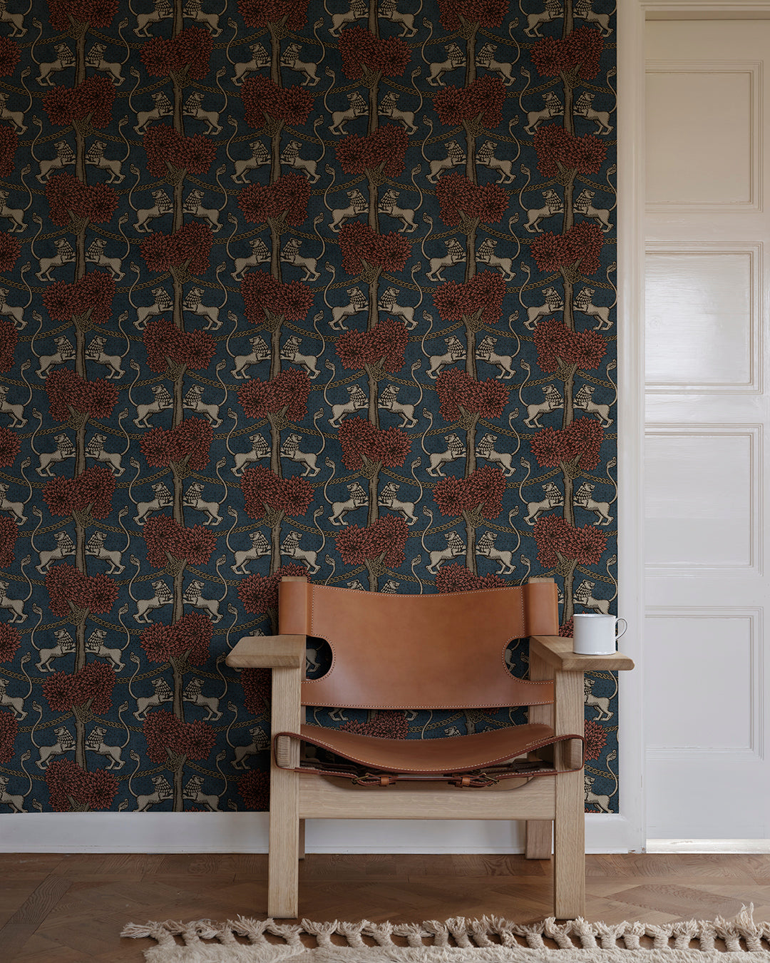 With playful elegance, the Leopold wallpaper mural makes the room both modern and international and is available in four becoming colorways.