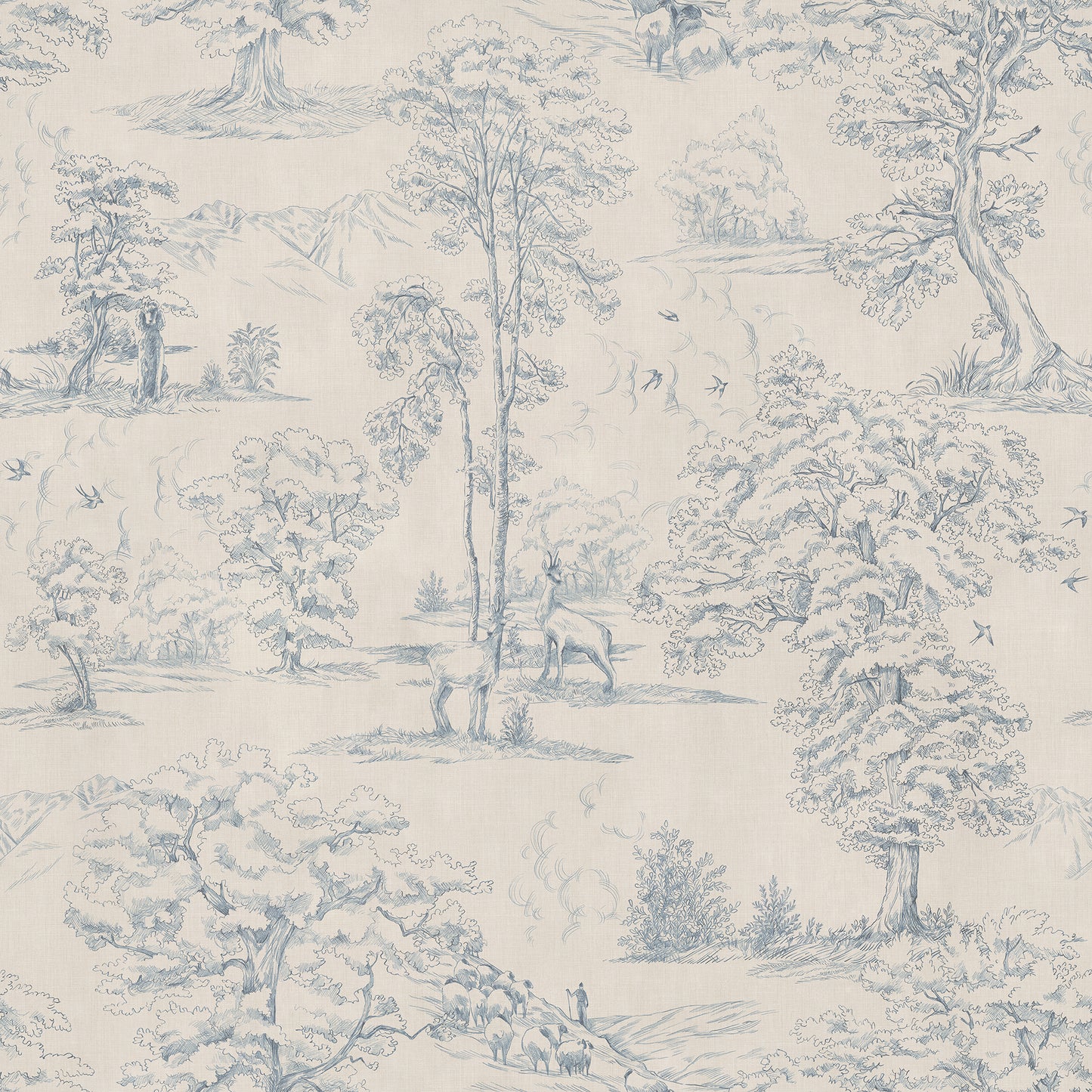 This toile wallpaper is Sandberg's own travelogue from Southern France with a hand-drawn illustration on a becoming textile background.