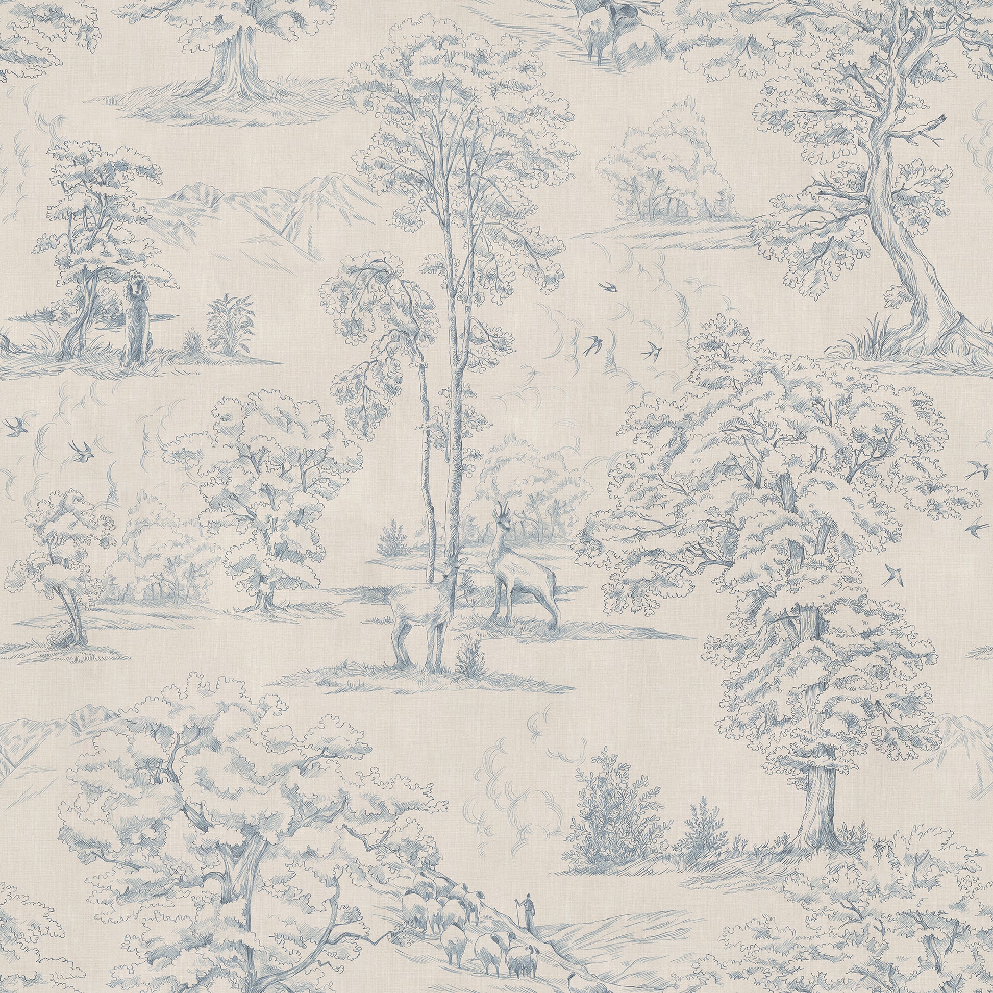 This toile wallpaper is Sandberg's own travelogue from Southern France with a hand-drawn illustration on a becoming textile background.