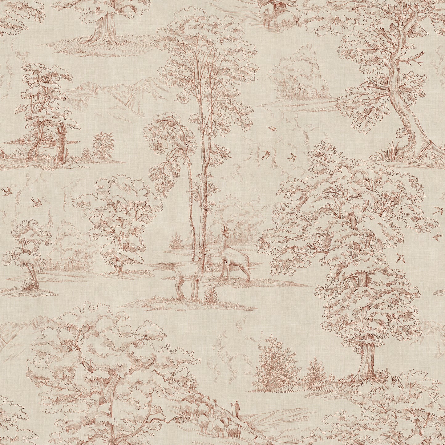Follow the beautiful hiking trails on the edge of the Pyrenees mountains among flocks of sheep and wild deer. This toile wallpaper is Sandberg's own travelogue from Southern France with a hand-drawn illustration on a becoming textile background, in a warm terracotta hue.