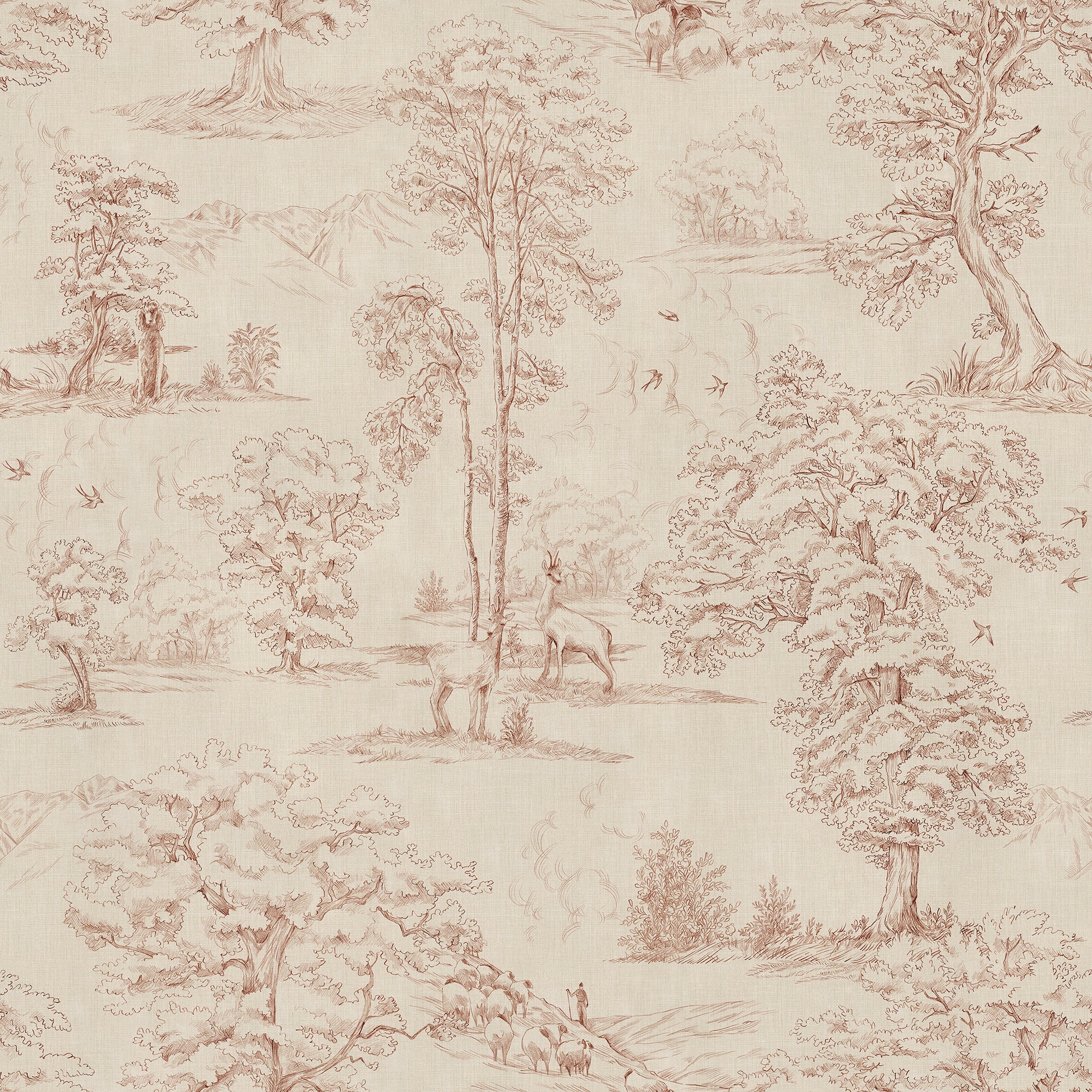 Follow the beautiful hiking trails on the edge of the Pyrenees mountains among flocks of sheep and wild deer. This toile wallpaper is Sandberg's own travelogue from Southern France with a hand-drawn illustration on a becoming textile background, in a warm terracotta hue.