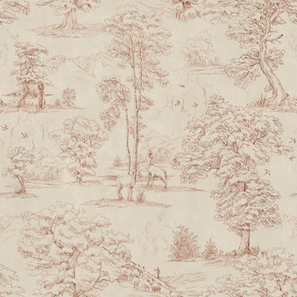 Follow the beautiful hiking trails on the edge of the Pyrenees mountains among flocks of sheep and wild deer. This toile wallpaper is Sandberg's own travelogue from Southern France with a hand-drawn illustration on a becoming textile background, in a warm terracotta hue.