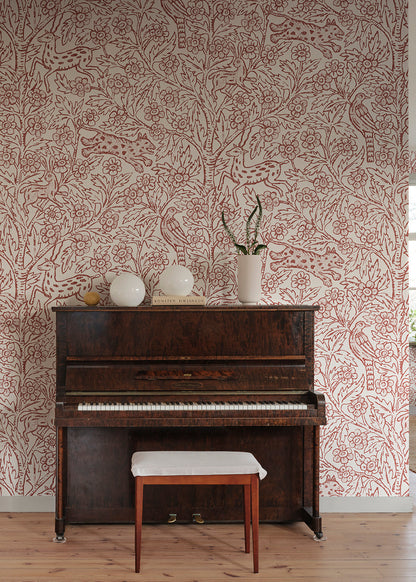 A wallpaper mural inspired by Indian textile art and Arts & Crafts, creating a fantastic pictorial narrative with history and patina. 