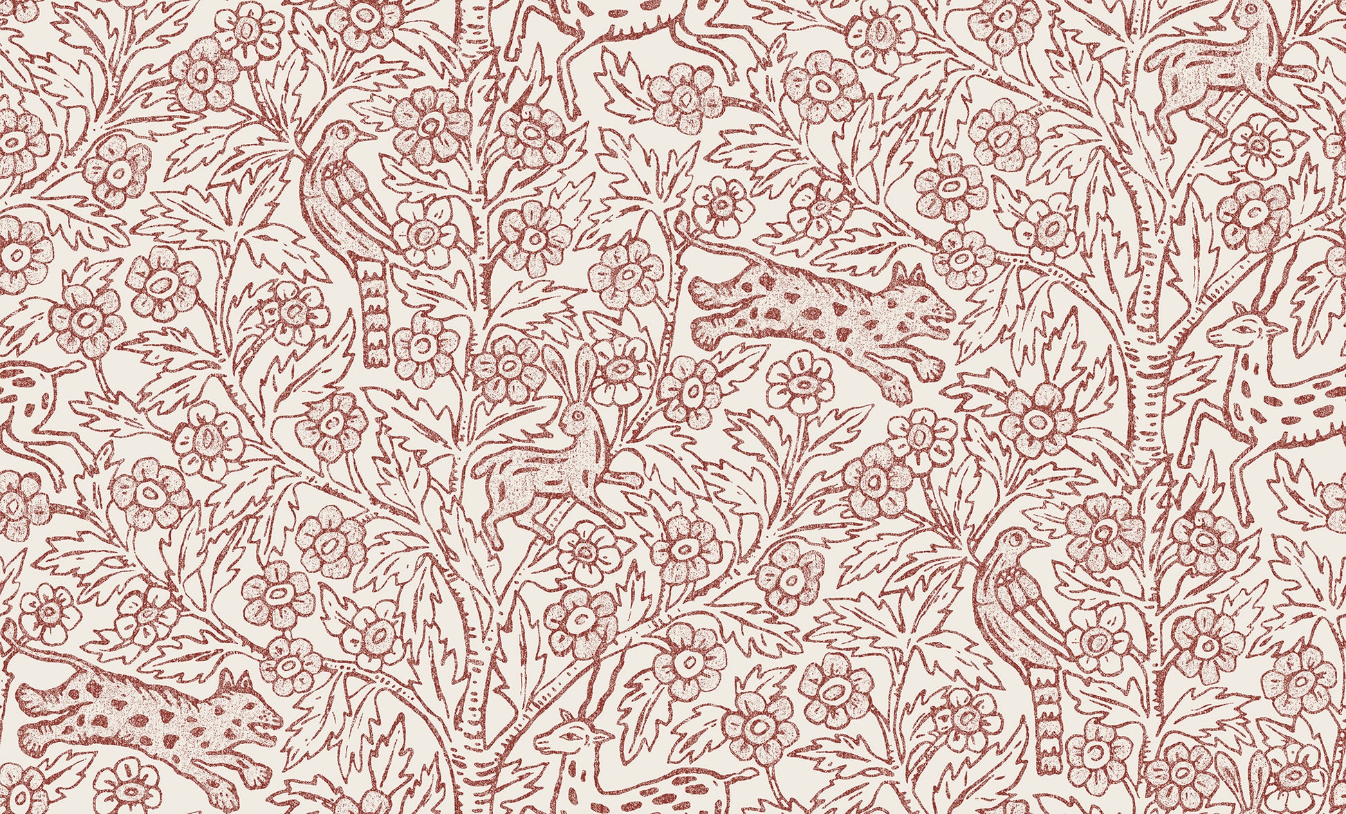 A wallpaper mural inspired by Indian textile art and Arts & Crafts, creating a fantastic pictorial narrative with history and patina. 