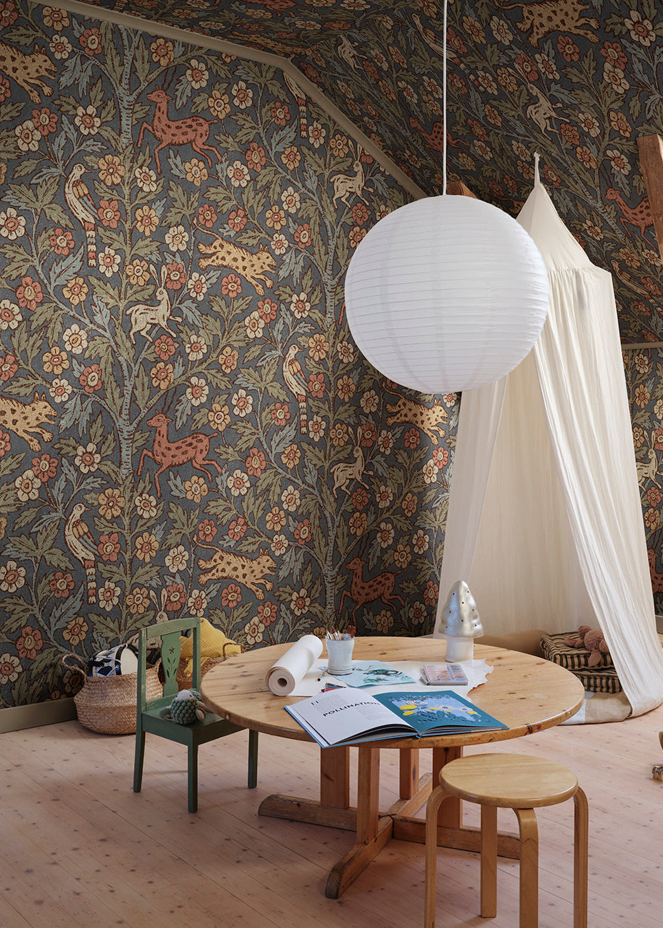 A wallpaper mural inspired by Indian textile art and Arts & Crafts, creating a fantastic pictorial narrative with history and patina. 