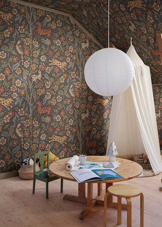 A wallpaper mural inspired by Indian textile art and Arts & Crafts, creating a fantastic pictorial narrative with history and patina. 