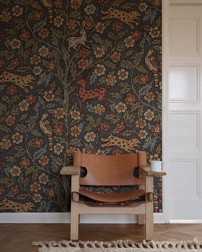 A wallpaper mural inspired by Indian textile art and Arts & Crafts, creating a fantastic pictorial narrative with history and patina. 