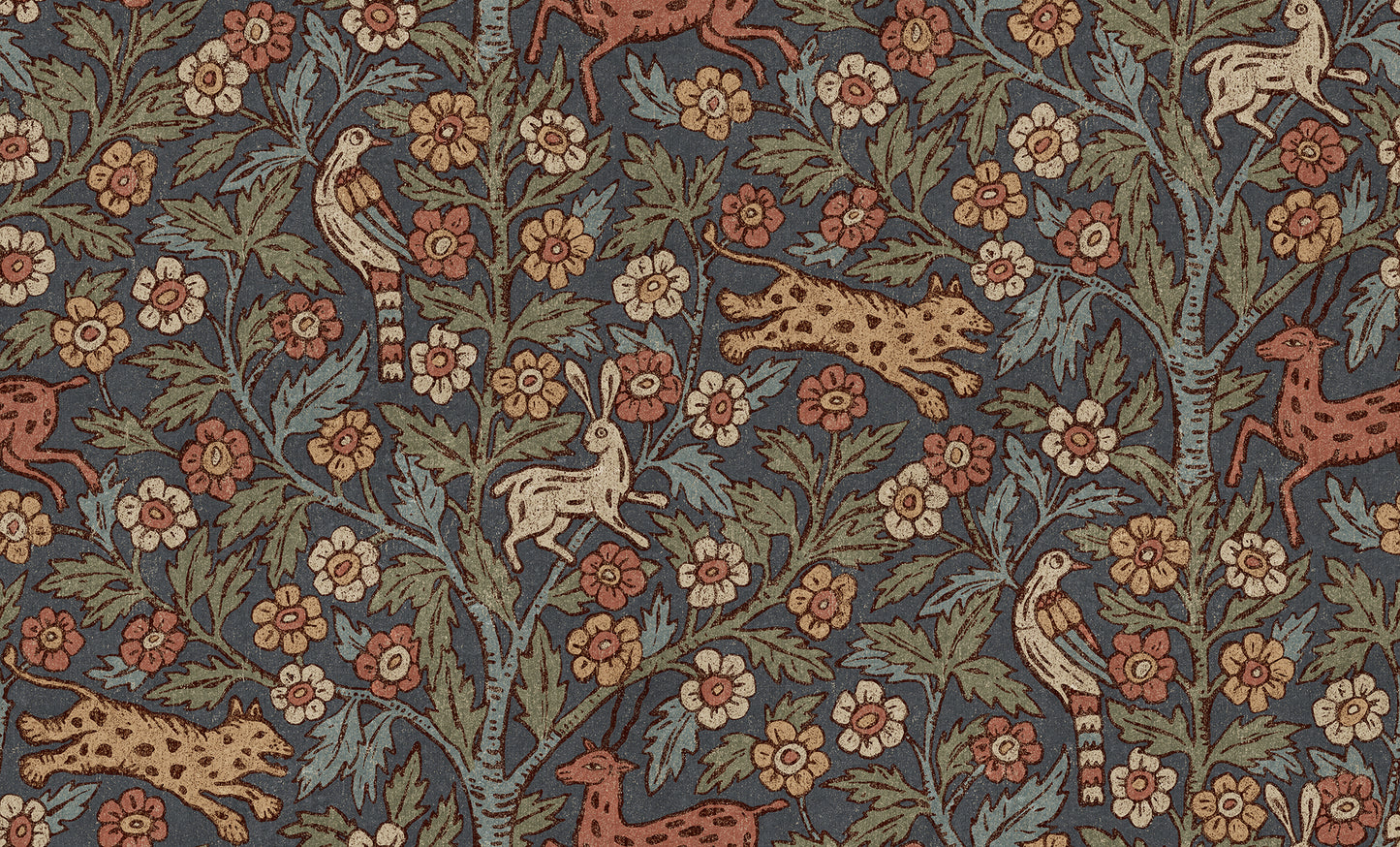 A wallpaper mural inspired by Indian textile art and Arts & Crafts, creating a fantastic pictorial narrative with history and patina. 