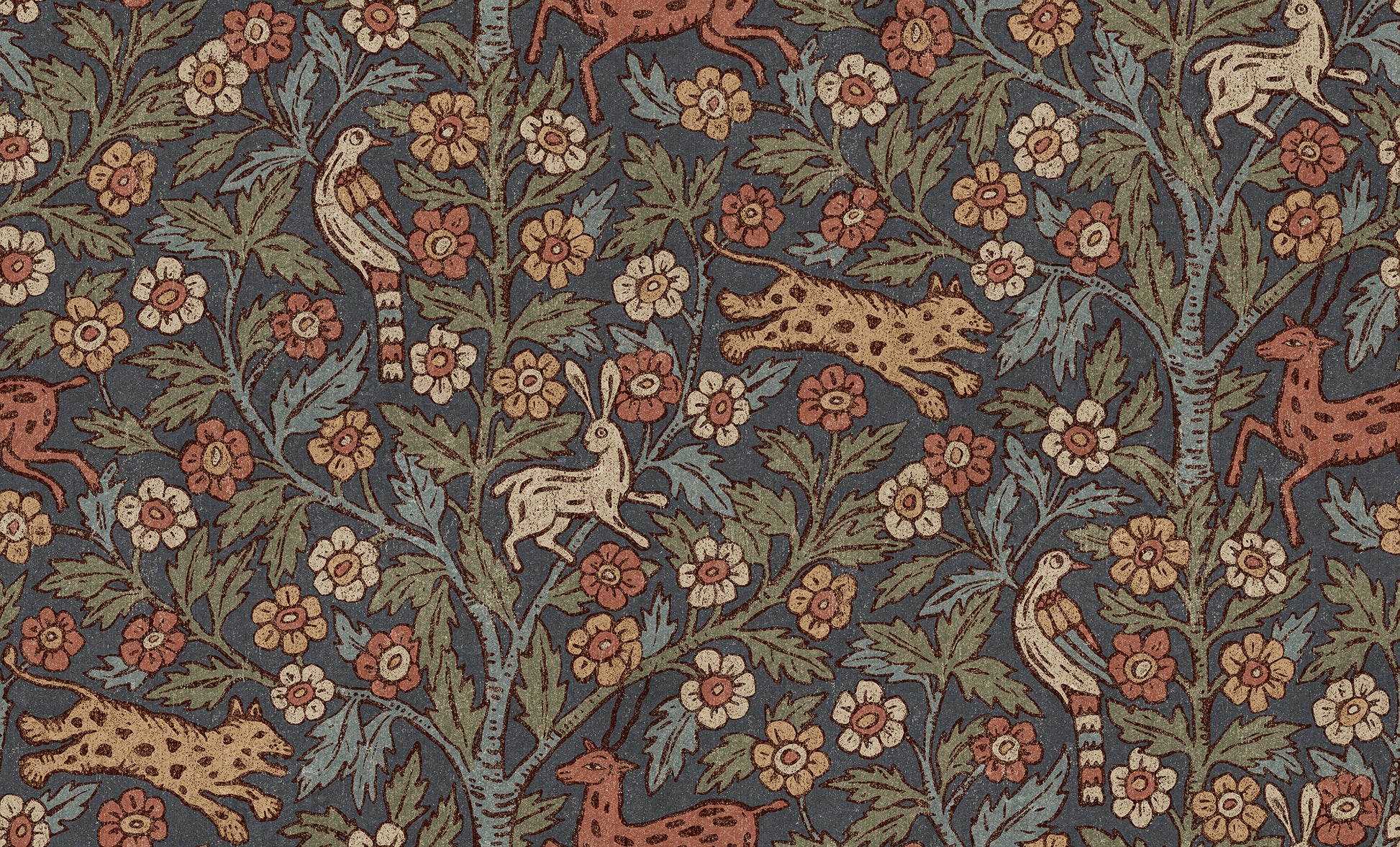 A wallpaper mural inspired by Indian textile art and Arts & Crafts, creating a fantastic pictorial narrative with history and patina. 