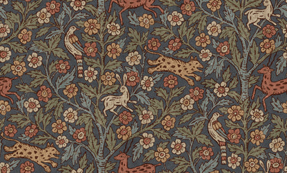 A wallpaper mural inspired by Indian textile art and Arts & Crafts, creating a fantastic pictorial narrative with history and patina. 