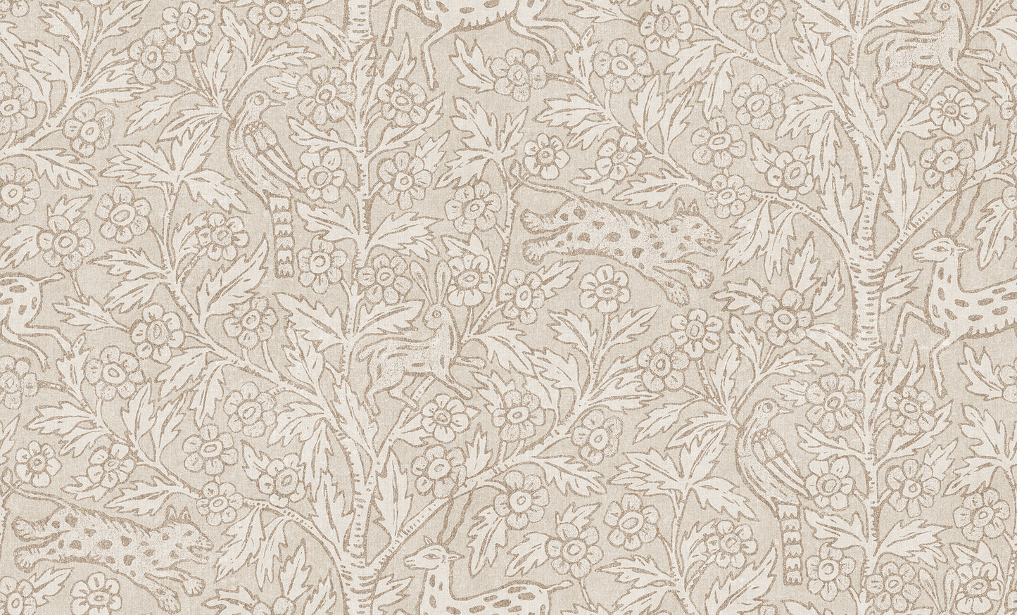 A wallpaper mural inspired by Indian textile art and Arts & Crafts, creating a fantastic pictorial narrative with history and patina. 