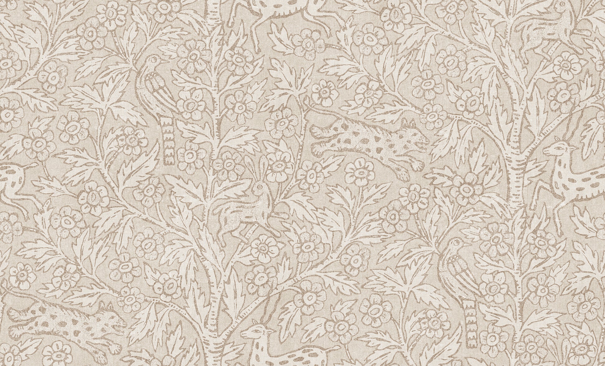 A wallpaper mural inspired by Indian textile art and Arts & Crafts, creating a fantastic pictorial narrative with history and patina. 