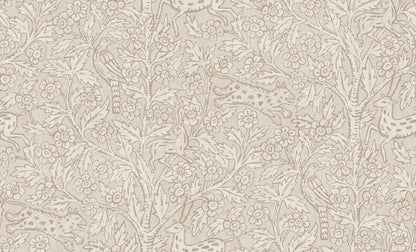 A wallpaper mural inspired by Indian textile art and Arts & Crafts, creating a fantastic pictorial narrative with history and patina. 