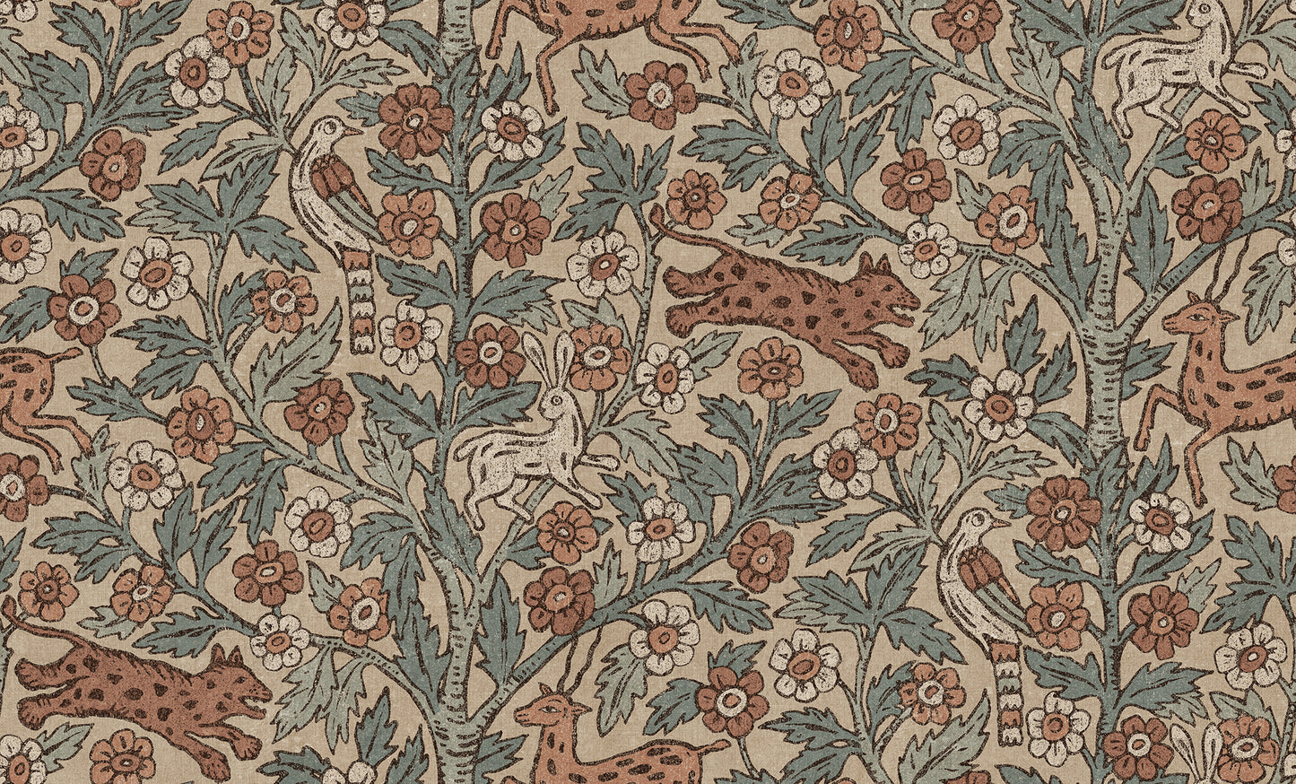 This wallpaper mural is inspired by Indian textile art and Arts & Crafts, creating a fantastic pictorial narrative with history and patina