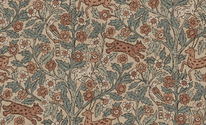 This wallpaper mural is inspired by Indian textile art and Arts & Crafts, creating a fantastic pictorial narrative with history and patina