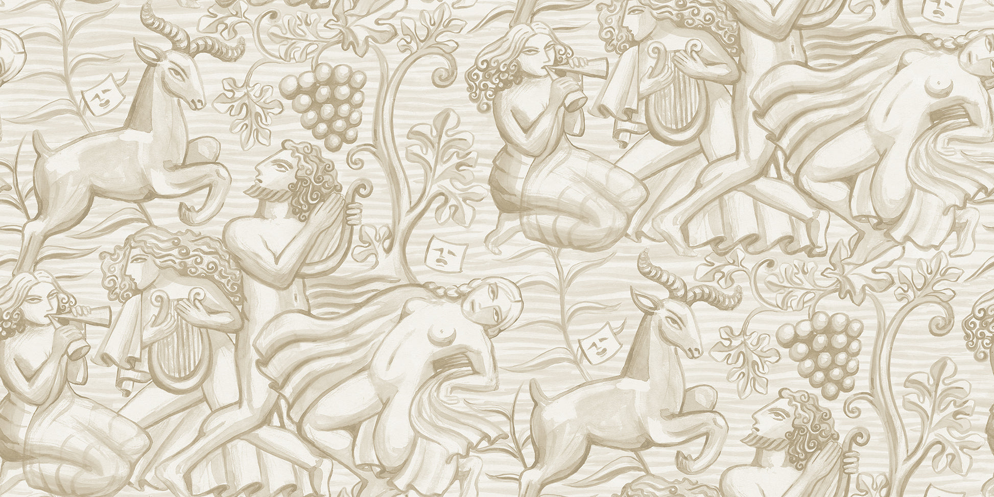 Carl Milles and Anna Petrus's imprint on design history was the source of inspiration for this elegant wallpaper mural. In a calming sand hue, Baccus evokes a sense of timeless beauty.