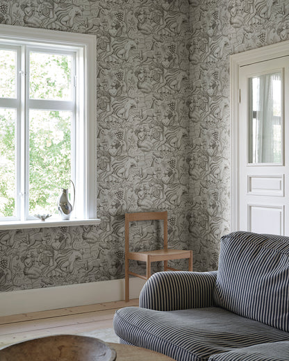 Carl Milles and Anna Petrus's imprint on design history was the source of inspiration for this elegant wallpaper mural. In graphite, Baccus evokes a sense of timeless beauty.