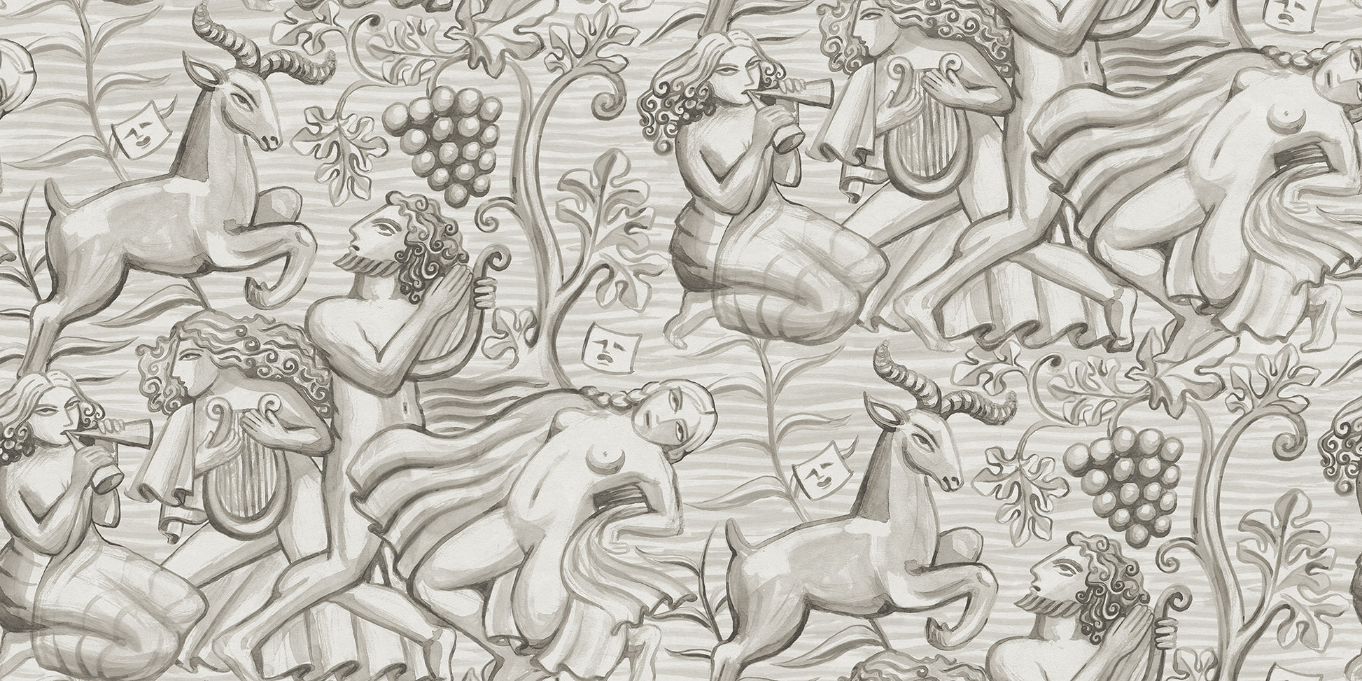 Carl Milles and Anna Petrus's imprint on design history was the source of inspiration for this elegant wallpaper mural. In graphite, Baccus evokes a sense of timeless beauty.