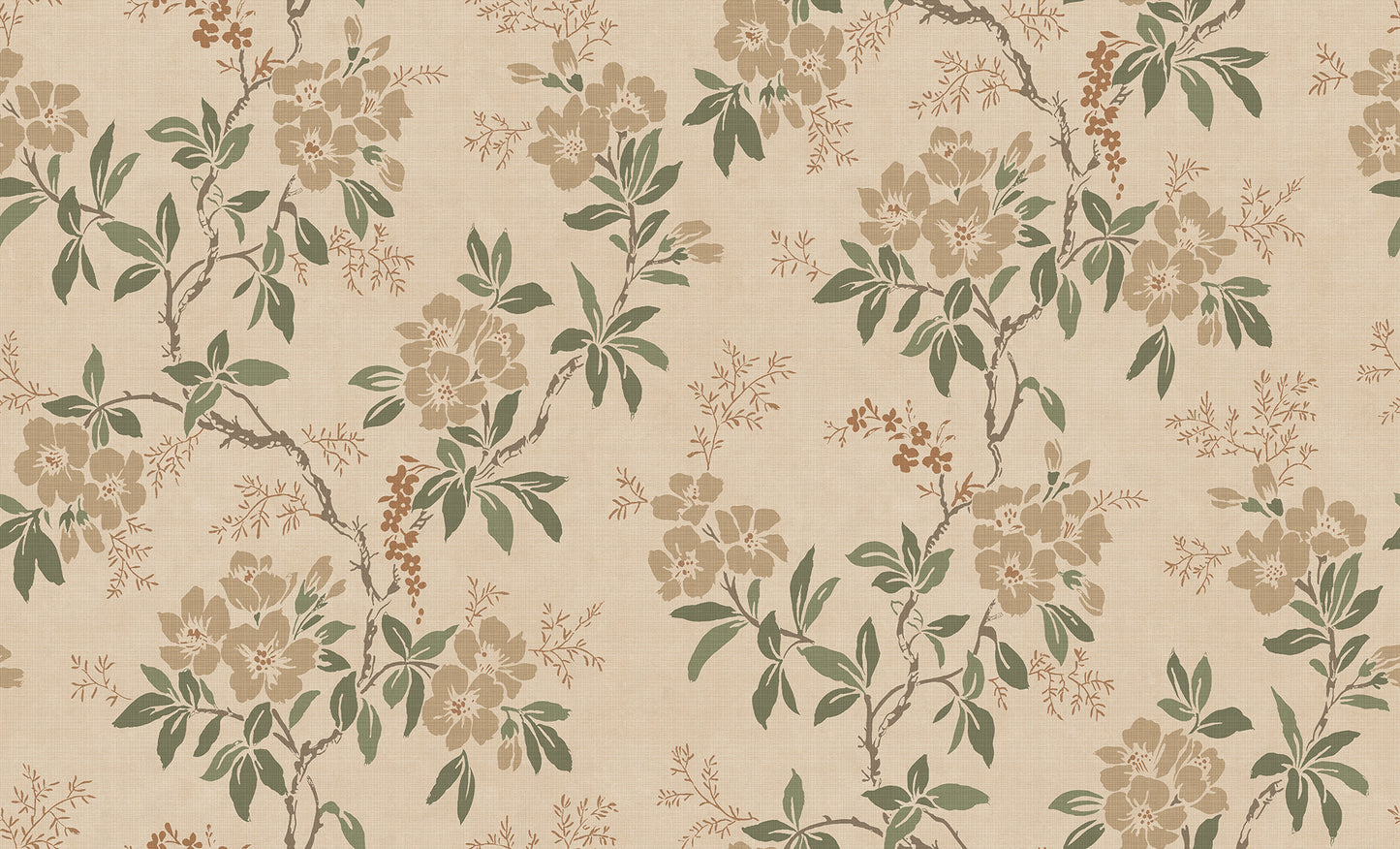 Elegant Beige Floral Wallpaper - Vera
This beautiful floral vine pattern from a 1920s original has been a favorite wallpaper for many years. In a soft beige tone with green and brown accents, it creates a becoming Asian style with a retro feel.
