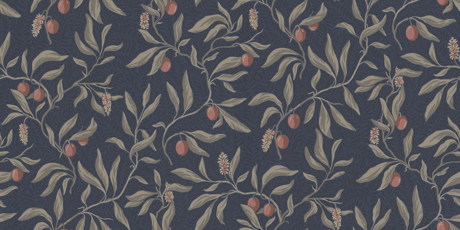 The litchi fruits in our favourite Vinnie wallpaper mural decorate the winding branches and create a lush, classic look.