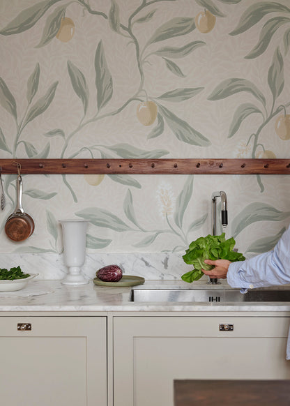 The litchi fruits in our favorite Vinnie wallpaper mural decorate the winding branches and create a lush, classic look. 