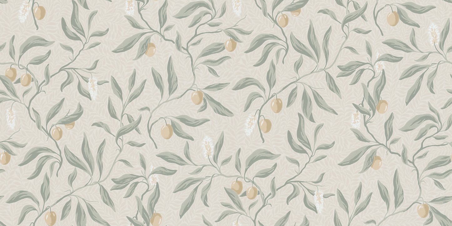 The litchi fruits in our favorite Vinnie wallpaper mural decorate the winding branches and create a lush, classic look. 